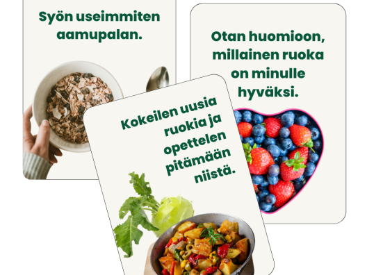 Syömiseen liittyviä vahvuuksia esitteleviä kortteja