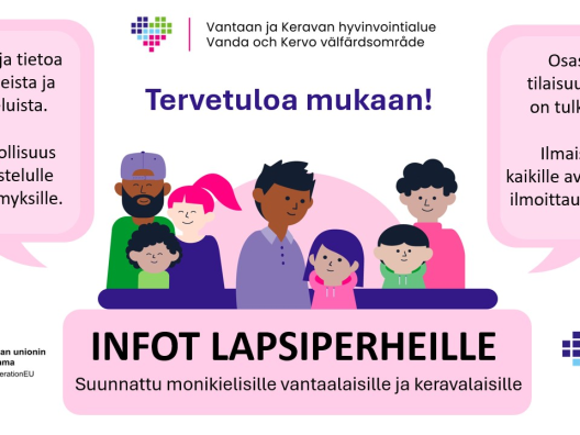 Infot lapsiperheille-tilaisuuksien mainos, jossa kuvitettu piirros monikielisistä perheistä ja puhekuplia, joissa kerrottu lyhyesti mitä ja kenelle kyseiset tilaisuudet ovat.