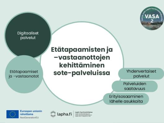 Keskellä näkyy otsikko: Etätapaamisten ja -vastaanottojen kehittäminen sote-palveluissa. Vasemmalla yläympyrässä Digitaaliset palvelut, alaympyrässä vasemmalla etätapaamiset ja -vastaanotot. Oikealla laatikoissa asiasanoina: yhdenvertaiset palvelut, palveluiden saatavuus, erityisosaaminen lähelle asukkaita