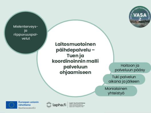 Kansikuva, jossa lukee laitosmuotoinen päihdepalvelu - tuen ja koordinoinnin malli palveluun ohjaamiseen. Kuvan sisältö avataan innokylän teksteissä.