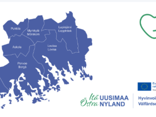 Itä-Uudenmaan hyvinvointialueen kartta ja EU-logo