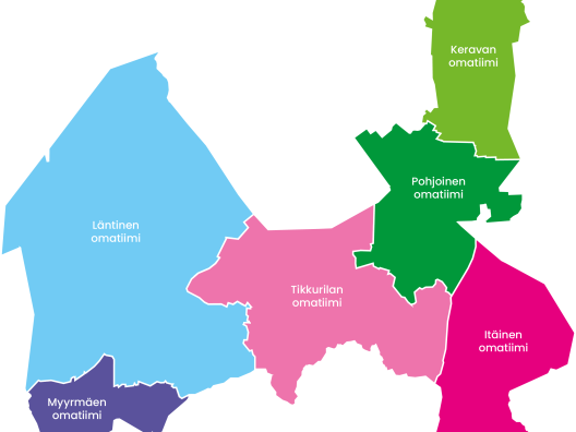 Piirretty kartta, jossa näkyvät VAKEn omatiimien sijoittuminen.