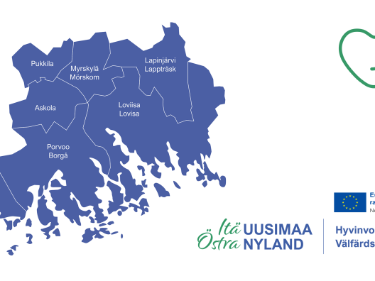 Kuvassa Itä-Uudenmaan hyvinvointialueen kartta sekä hyvinvointialueen logo ja EU-logo.