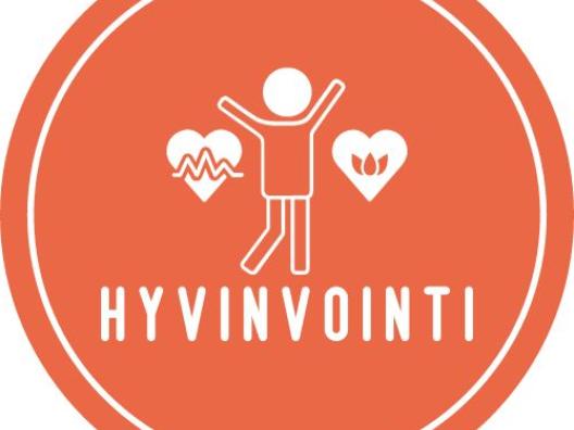 Punaisella pohjalla valkoinen ihmishahmo, jonka molemmilla puolilla sydämet. Kuvan alla teksti Hyvinvointi