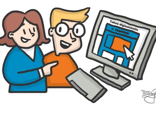 Piirroskuva, missä mies ja nainen katsovat tietokoneen näytöltä Tukea digiasiointiin -sivua