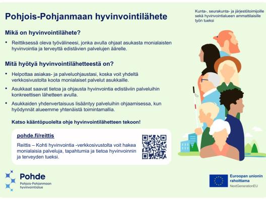 Pohjois-Pohjanmaan hyvinvointilähete-esite, jossa kerrotaan työvälineen tarkoitus ja hyödyt ammattilaisille.