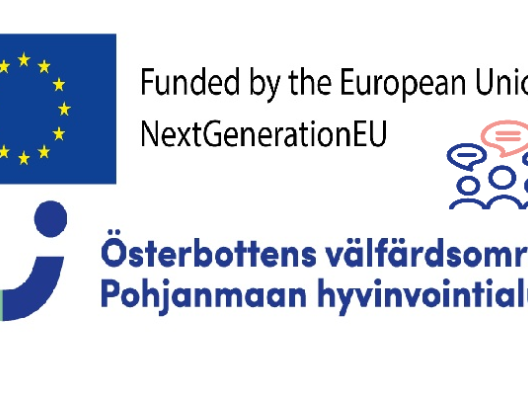 EU-logo, Pohjanmaan hyvinvointialueen logo, kuva ihmisistä jotka keskustelevat