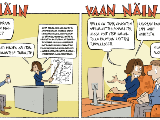 Sarjakuva asiakkaan opastamisesta