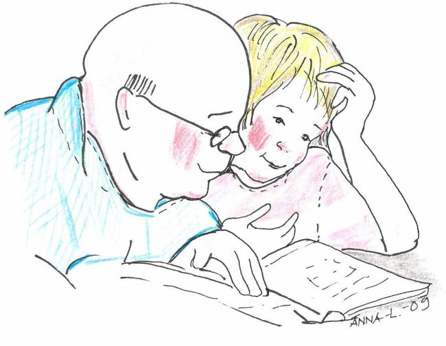Ikäihminen ja lapsi lukevat yhdessä.