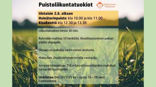 Ikäihmisten olohuoneen puistoliikuntatuokioiden infoa ja yhteystiedot sisältävä mainos.