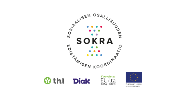 Sokra-koordinaatiohankkeen logo sekä Sokra hankkeen pääteoteuttaja THL:n logo, osahanke Diakin logo ja rahoittajan logo: vipuvoimaa EU:sta ja Euroopan sosiaalirahaston logo.