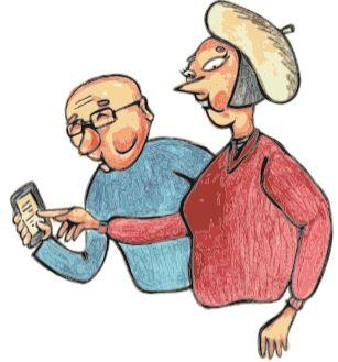 Punaiseen puseroon ja baskeriin pukeutunut nainen neuvoo vanhempaa miestä älypuhelimen käytössä.