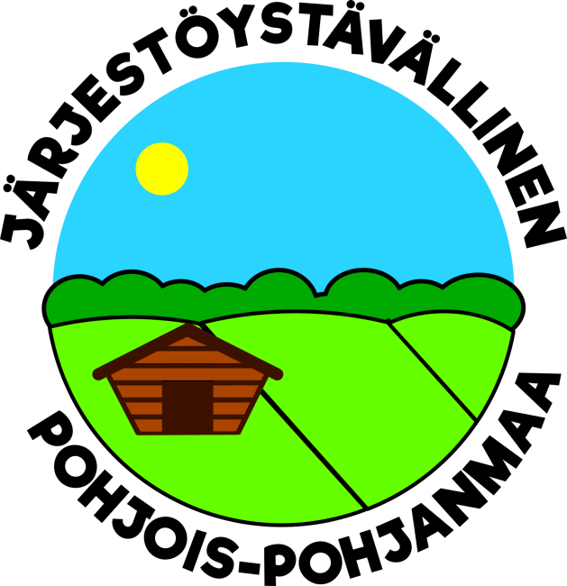 Pyöreä logo, jonka kuvassa on peltomaisema, punainen lato ja sininen taivas, ja jonka ympärillä lukee teksti Järjestöystävällinen Pohjois-Pohjanmaa