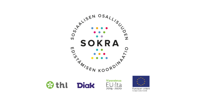 Sokra-koordinaatiohanke, toteuttajien logot ja rahoittajien logot. THL, DIAK ja Euroopan unionin sosiaalirahasto.
