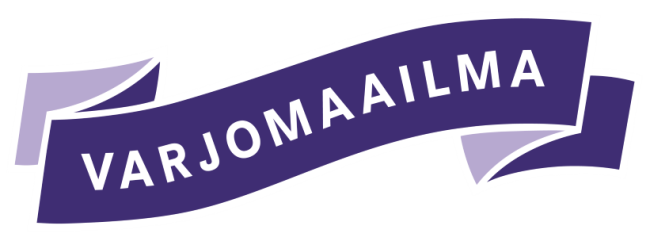 Varjomaailman violetti logo. Violetti nauha, jossa lukee valkoisella Varjomaailma.
