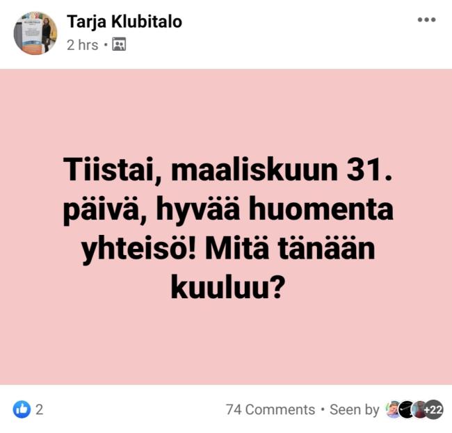 Kuvassa esimerkkikuvakaappaus E-klubitalotoiminnasta Facebookista.