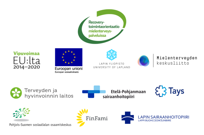 Kuvassa recovery-hankkeen logot, osatoteuttajien logot ja ESR logot ylhäältä vasemmalta oikealle: Recovery -toimintaorientattio mielenterveyspalveluissa, Vipuvoimaa EU:lta rahoituskausi 2014-2019, EU:n lippulogo, Lapin yliopisto, Mielenterveydenkeskusliito, Terveyden- ja hyvinvoinninlaitos,Etelä-Pohjanmaan sairaanhoitopiiri, Tampereen yliopistollinen sairaala, Pohjois-Suomen sosiaalialan osaamiskeskus, FinFami, Lapin sairaanhoitopiiri