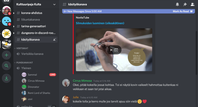 Kuvassa kuvakaappaus Discord-alustalle luodusta kulttuuripajatoiminnasta.