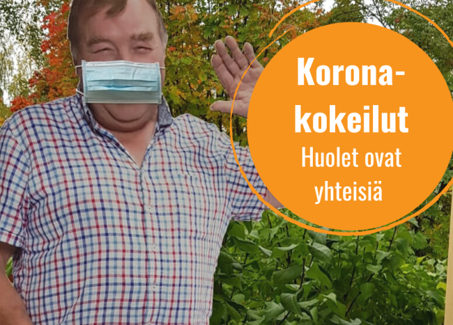 Pahvinen mies maski kasvoilla. Tekstinä koronakokeilut, huolet ovat yhteisiä.