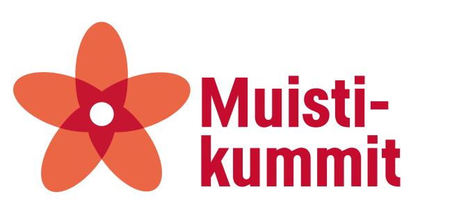 Muistikummit logo, viisilehtinen oranssin- ja punaisen värinen kukka.