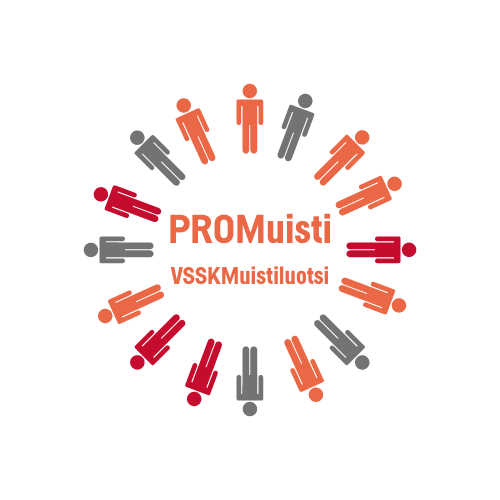 PROMuistiverkoston logo. Piirrettyjä ihmishahmoja seisoo ympyrässä. Ympyrän keskellä on verkoston nimi.