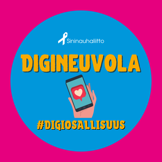 Kuvassa teksti  Digineuvola, piirrretty kuva: käsi pitelee älypuhelinta. Lisäksi Sininauhaliitto-logo ja teksti, sekä #digiosallisuus. 