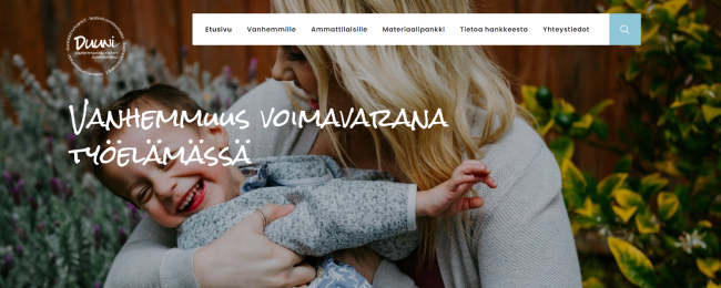 Kuvakaappaus Duuni -hankkeen nettisivuilta. Kuvassa näkyvät valikot ja taustakuva, jossa vanhempi pitää lasta sylissään.