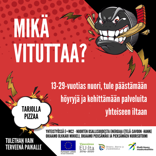 Mikä vituttaa? - ilta 13-29-vuotiaille nuorille. Tule päästämään höyryjä ja kehittämään palveluita yhdessä! Tarjolla pizzaa.