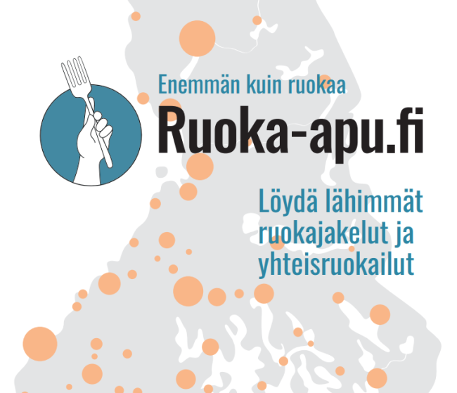 Verkkosivun mainoskuva. Ruoka-apu.fi - Löydä lähimmät ruokajakelut ja yhteisruokailut. Taustalla Suomen kartta.