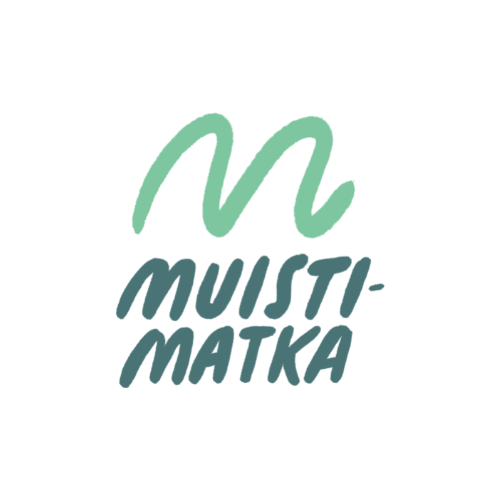 Muistimatkan logo, jossa vaaleanvihrea laineikas m-kirjain sekä sen alapuolella tumman vihreällä kirjoitettu muistimatka.