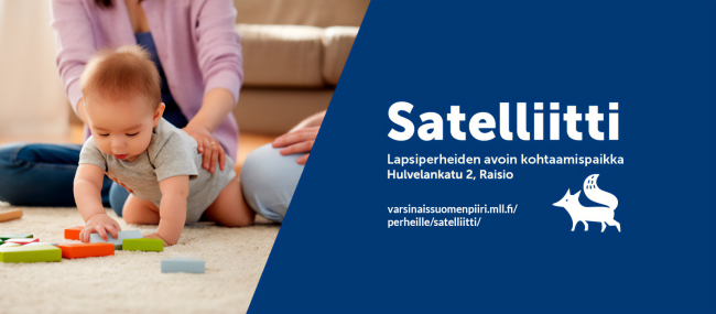 Vauva konttaa lattialla. Vieressä teksti: Satelliitti ja www-osoite