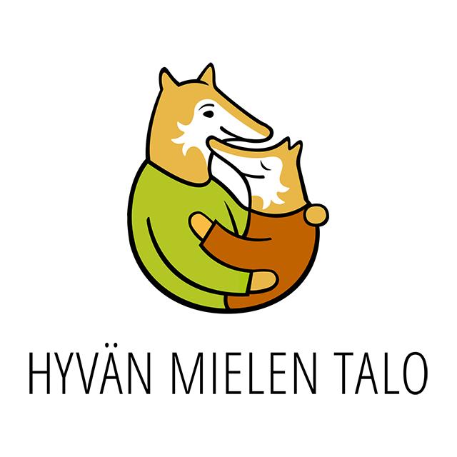 Hyvän mielen talo ry:n logo, jossa kaksi kettu-hahmoa halaavat toisiaan.