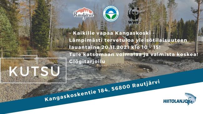 Kuvassa Kangaskosken purettu pato Hiitolanjoella. Juhlan järjestäjien logot (Rautjärven kunta, Etelä-Karjalan virkistysaluesäätiö, WWF ja Hiitolanjokiyhdistys). Kutsuteksti ja paikan osoitetiedot.