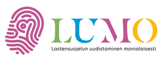 Logo: Kuva sormenjäljestä sekä teksti LUMO Lastensuojelun uudistaminen monialaisesti