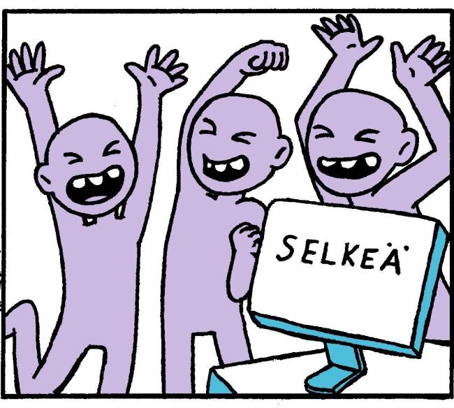 Kolme piirroshahmoa, jotka hurraavat käden ylhäällä. Heidän edessään on tietokoneen näyttö, jossa näytöllä lukee selkeä.