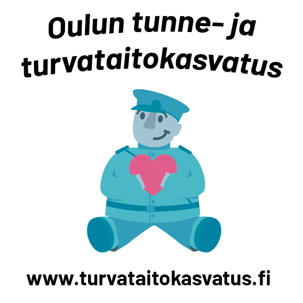 Logo, jossa Toripolliisi-patsas istuu sydän syliässä ja kuvan päällä lukee Oulun tunne- ja turvataitokasvatus ja alla www.turvataitokasvatus.fi