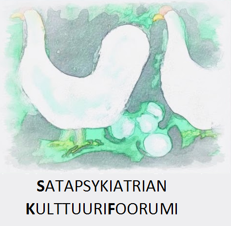 Satapsykiatrian kulttuurifoorumin logo. Logo on yksityiskohta potilaan maalauksesta ja siinä on kanoja ja munia.
