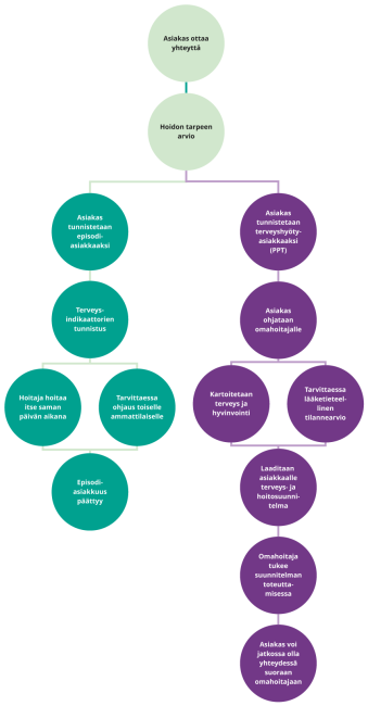 Kulkukaavio, jossa kuvataan episodiasiakkaan ja pitkään palveluita tarvitsevan asiakkaan hoitoketju.