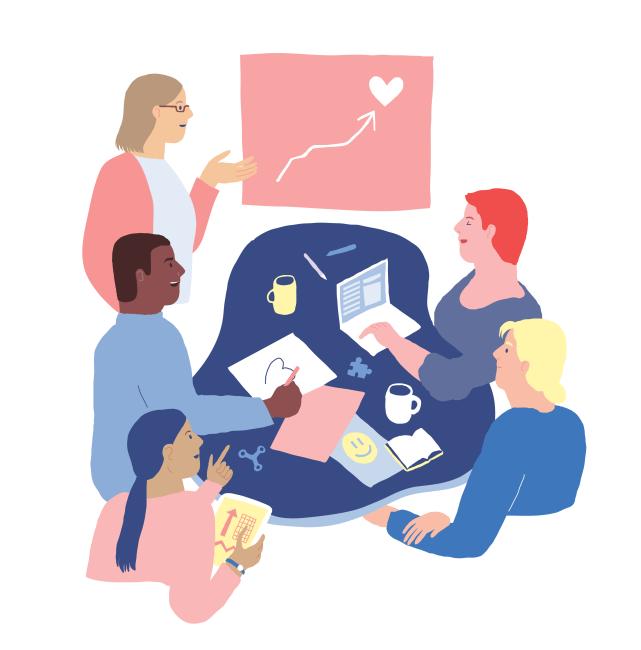 Viisi ihmistä pöydän ympärillä keskustelemassa (piirros)