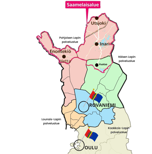 Kuvassa on Suomen kartta, jossa pohjoissaamenkielistä puhujaväestöä kuvataan vaaleansinisellä, inarinsaamea puhuvia punaisella ja koltansaamen puhujia tummansinisellä. Pohjoissaamea puhutaan Suomen Enontekiön, Inarin, Sodankylän lapinpaliskunnan Vuotson ja Utsjoen alueella sekä Ruotsin ja Norjan pohjoisosissa. Inarinsaamea puhutaan Inarijärven ympäristössä. Koltansaamen kielialue käsittää Sevettijärven ja Nellimin alueen sekä Paatsjoen ympäristö Venäjän ja Norjan pohjoisosassa.