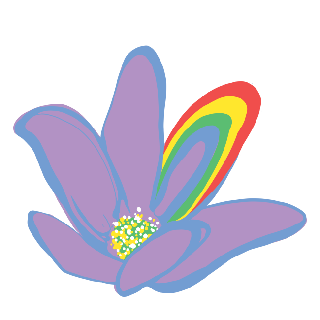 Piirretty kukka, jossa sateenkaaren värejä.