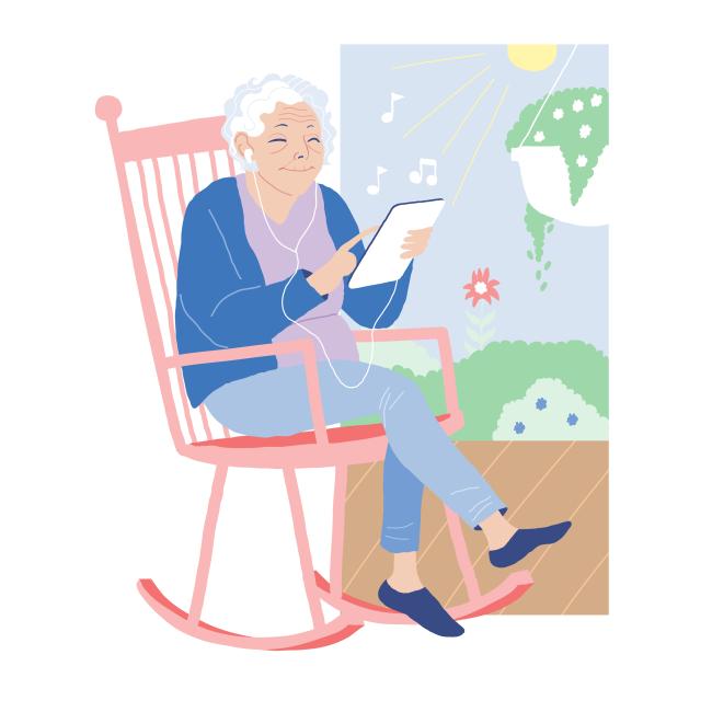 Piirretty, vanha nainen keinutuolissa kuuntelee tabletilta musiikkia