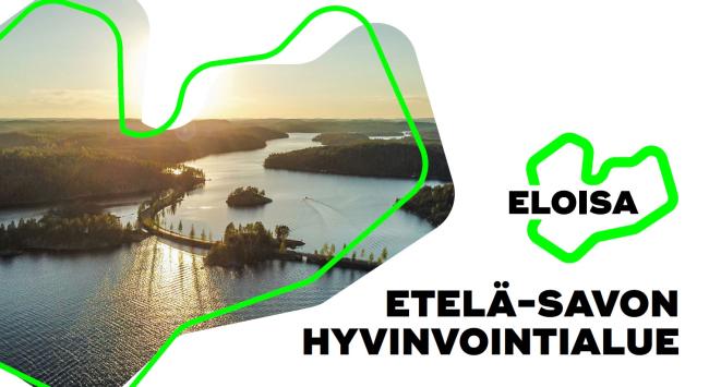 Etelä-Savon hyvinvointialueen logo ja järvimaisema