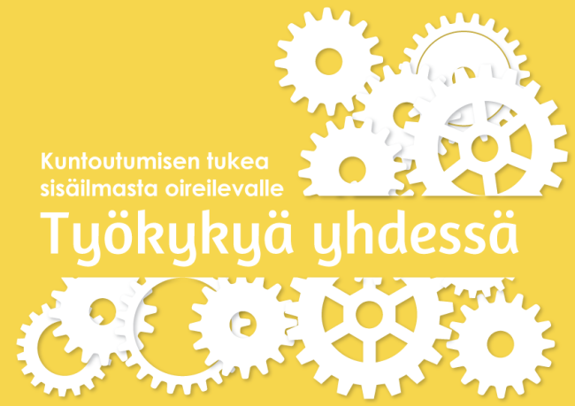 Työkykyä yhdessä -hankkeen logo, jossa on valkoisia hammasrattaita keltaisella taustalla ja teksti: Kuntoutumisen tukea sisäilmasta oireilevalle. Työkykyä yhdessä. 