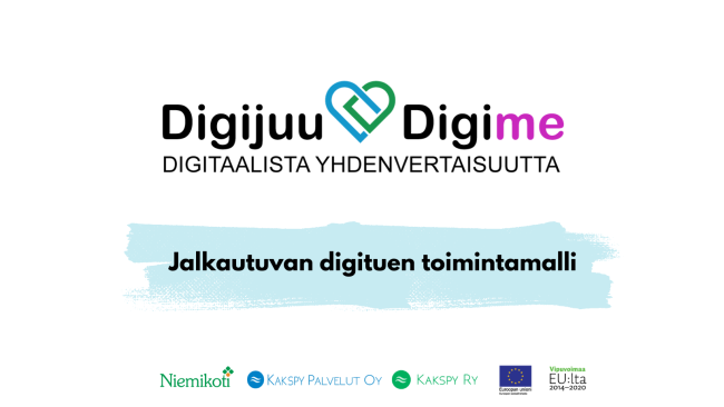 Digijuu Digime-hankkeen logo ja kuvateksti: Jalkautuvan digituen toimintamalli