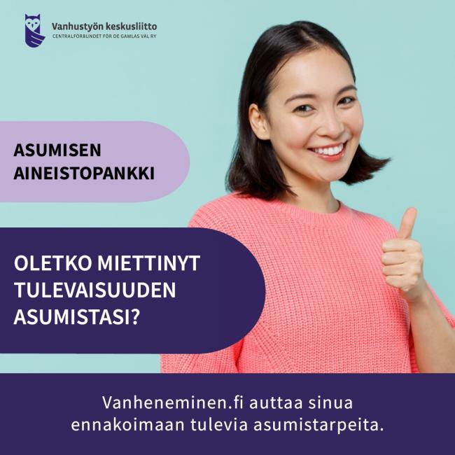 Nuori nainen näyttää peukkua ja hymyilee. Asumisen aineistopankki. 