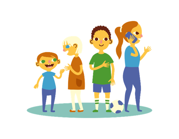 Animaatio kuva, joka sisältää neljä lasta, joista yksi puhuu puhelimeen