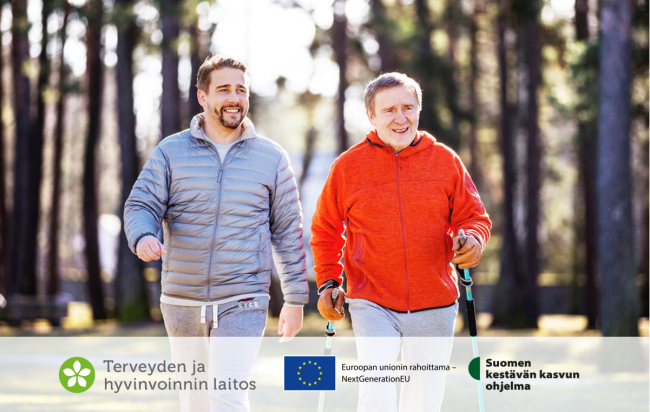 Kaksi miestä kävelyllä. Kuvan alareunassa logot: Terveyden ja hyvinvoinnin laitos, Euroopan unionin rahoittama - NextGenerationEU ja Suomen kestävän kasvun ohjelma.