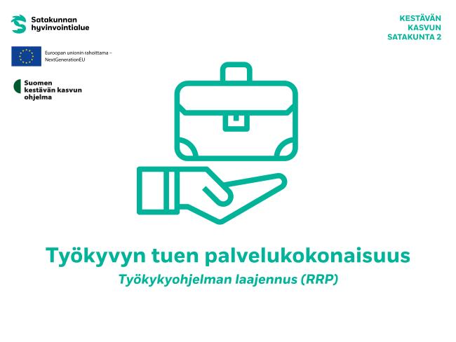 Kuvassa salkku avoimella kämmenellä sekä teksti: Työkyvyn tuen palvelukokonaisuus / Työkykyohjelman laajennus (RRP)