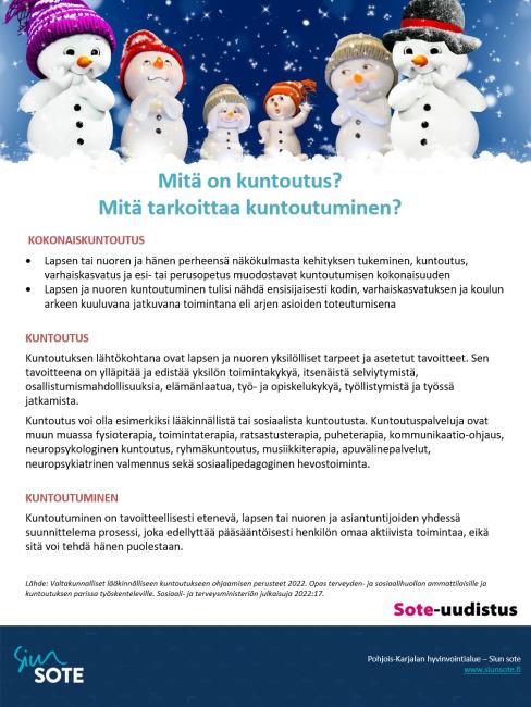 Kuva osallisuuskierroksen posterista. Posterin yläreunassa kuva lumiukkoperheestä. Posterissa on määritelty termit kuntoutus ja kuntoutuminen.